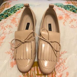 Nude pearl studded loafers